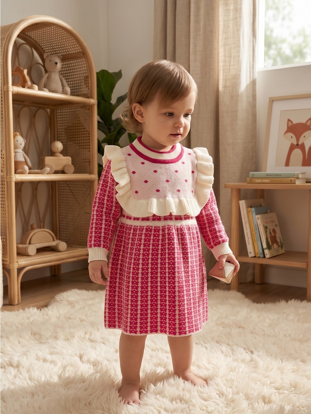 PatPat Red and Ivory Ruffle Knit Dress for Girls